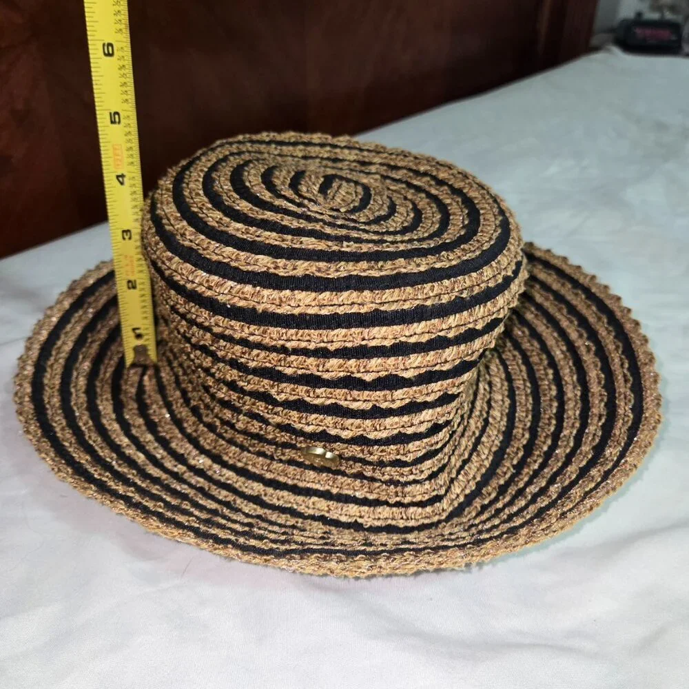 Eric Javits New York Packable Straw Bucket Sun Hat Tan Black Stripe UPF - Picture 14 of 14